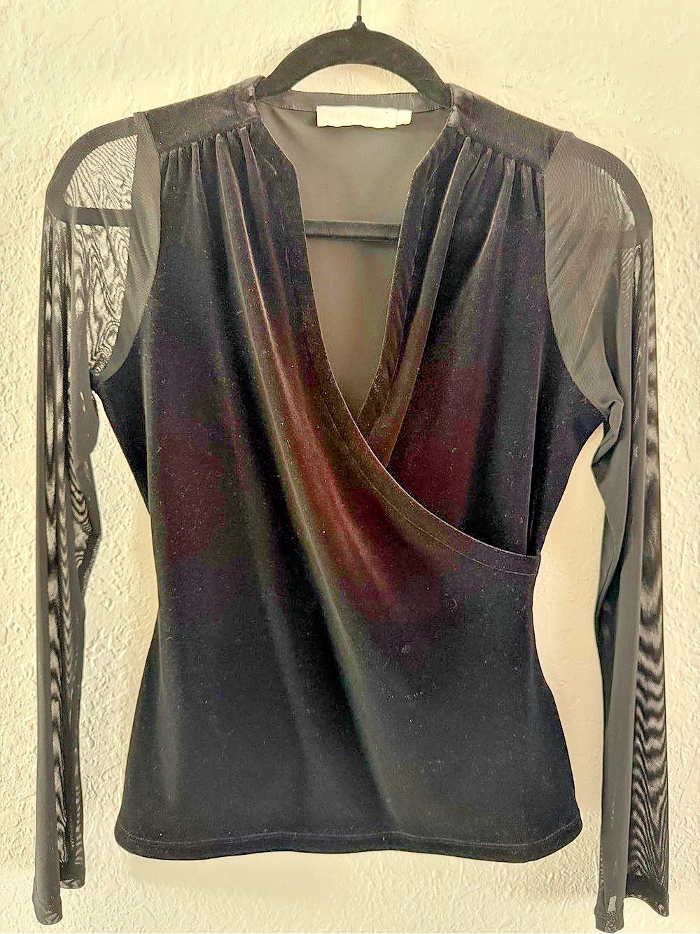 Anne Fontaine Black Velvet & Mesh Sleeve Wrap Top Size Small